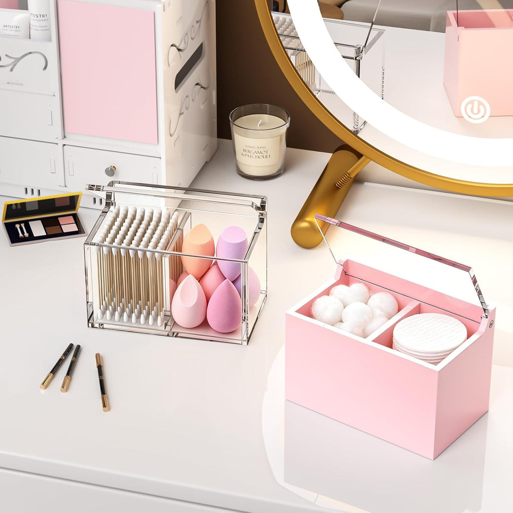 Qtip Holder Dispenser for Cotton Swabs, Balls, Pads, Floss Picks, 2 Compartments Clear Acrylic Container with Lid Apothecary Jar Bathroom Accessories Canister Vanity Storage Organizer