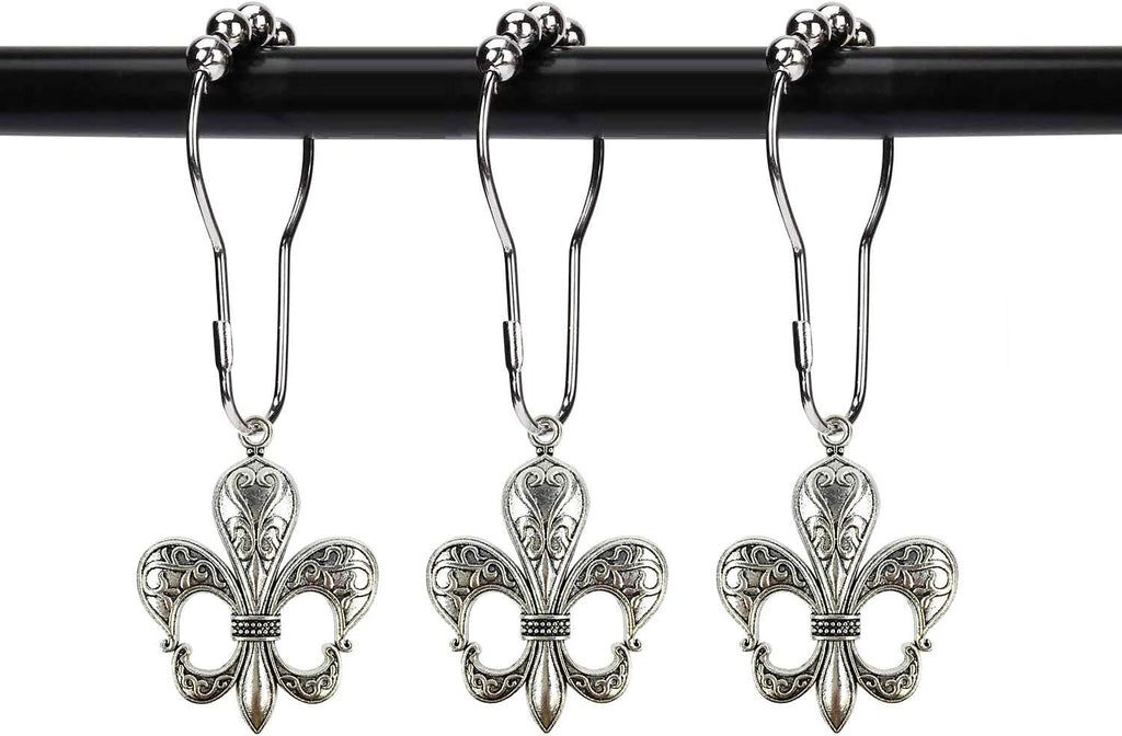 Set of 12 Fleur De Lis Shower Curtain Hooks French Lily Royal Heraldry French Cottage Chic Historical Theme Style Decorative Home Bathroom Stainless Steel Rustproof (Silver)