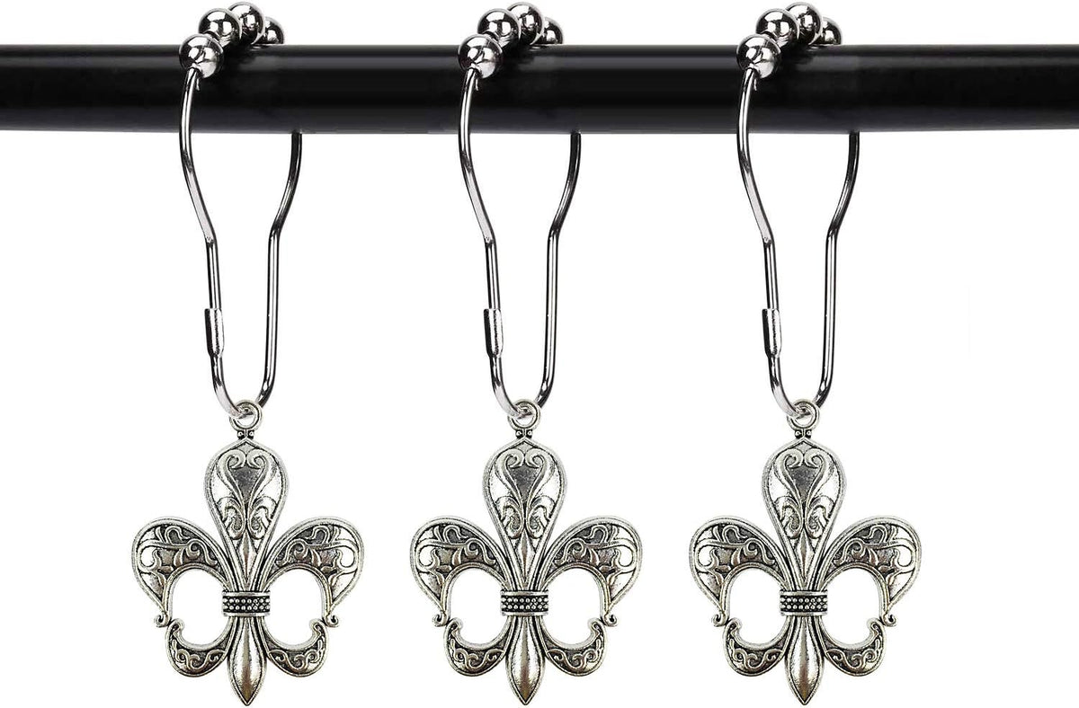 Set of 12 Fleur De Lis Shower Curtain Hooks French Lily Royal Heraldry French Cottage Chic Historical Theme Style Decorative Home Bathroom Stainless Steel Rustproof (Silver)