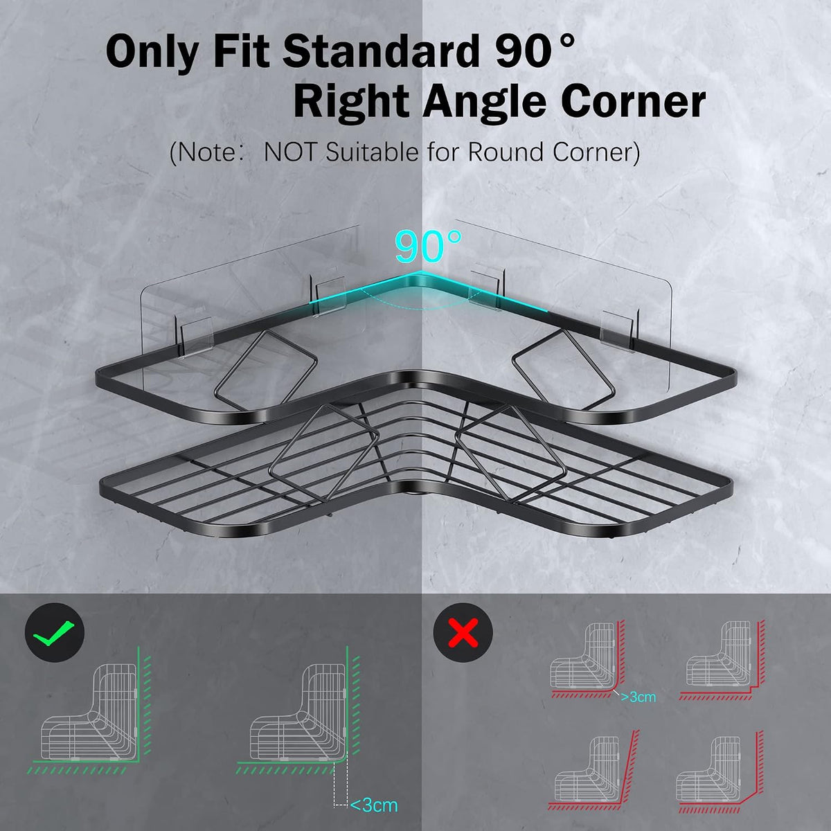 Large Corner Shower Caddy, 2 Pack Adhesive Bathroom Shower Organizer Shelves, No Drilling Rustproof Wall Mounted Shower Storage Basket Shampoo Holder Organizer (Black)