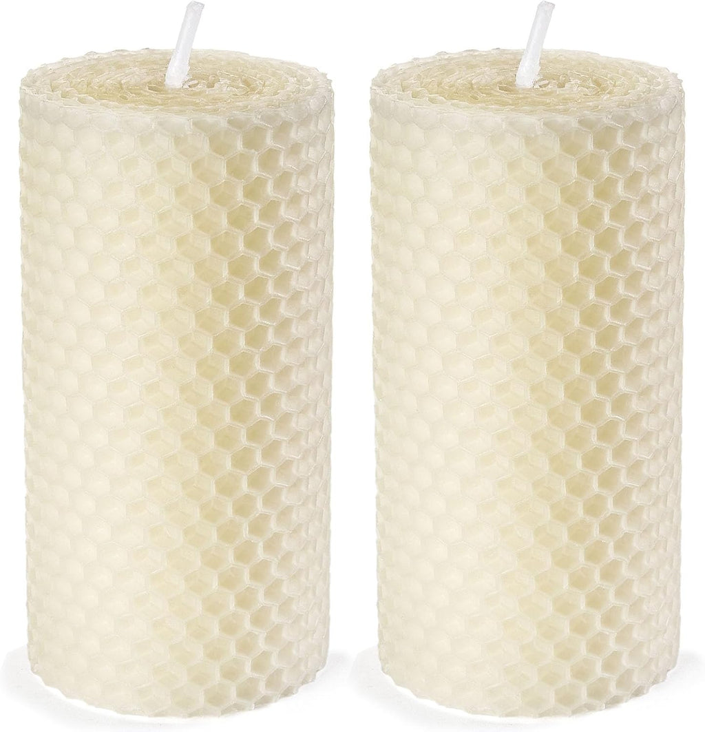 Hand Rolled Honeycomb Beeswax Pillar Candles, Ivory White, 2x4 Inch, 2 Pack