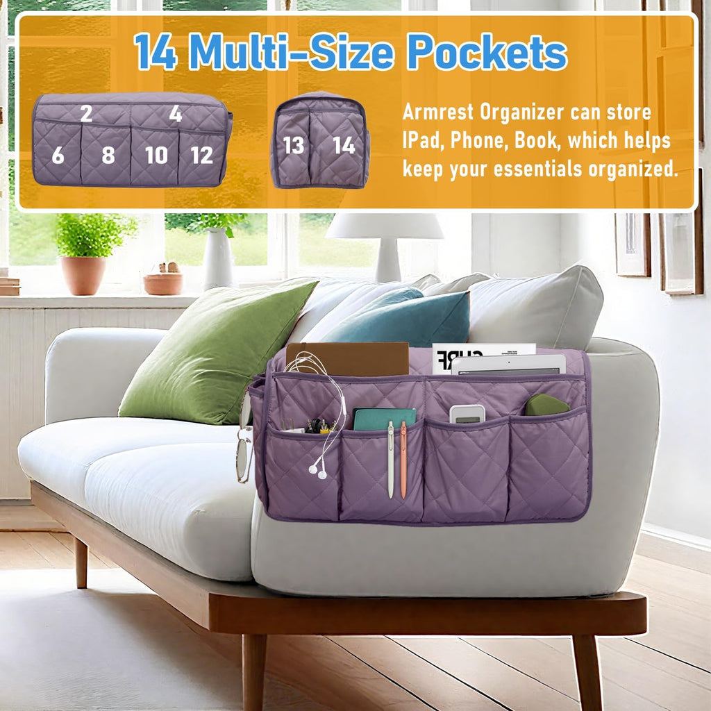 Armchair Caddy for Recliner, Non-Slip Recliner Pocket Organizer, Remote Holder for Recliners, Sofa Armrest Organizer, Couch Caddy with 14 Pockets Storage for TV Remote, Phone, Magazine (Purple)