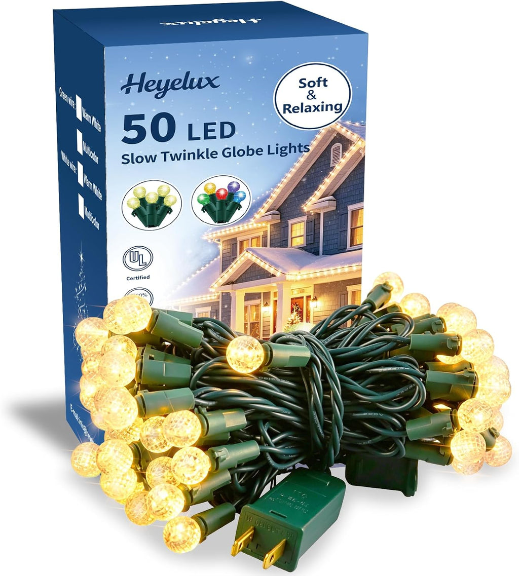G14 Slow Twinkle Warm White Christmas Globe Lights, 50 LED 16.6ft