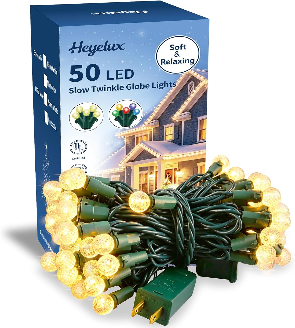 G14 Slow Twinkle Warm White Christmas Globe Lights, 50 LED 16.6ft