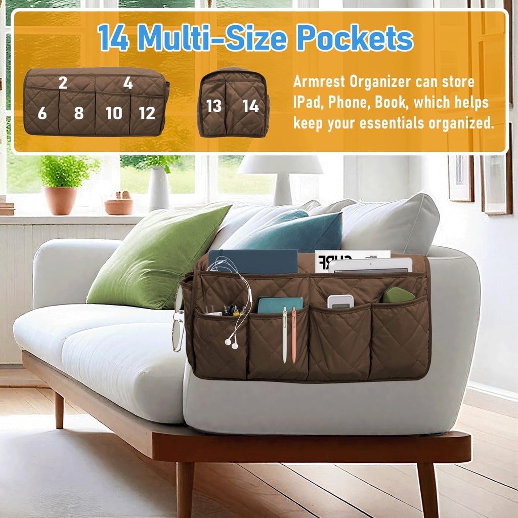 Armchair Caddy for Recliner, Non-Slip Recliner Pocket Organizer, Remote Holder for Recliners, Sofa Armrest Organizer, Couch Caddy with 14 Pockets Storage for TV Remote, Phone, Magazine (Brown)