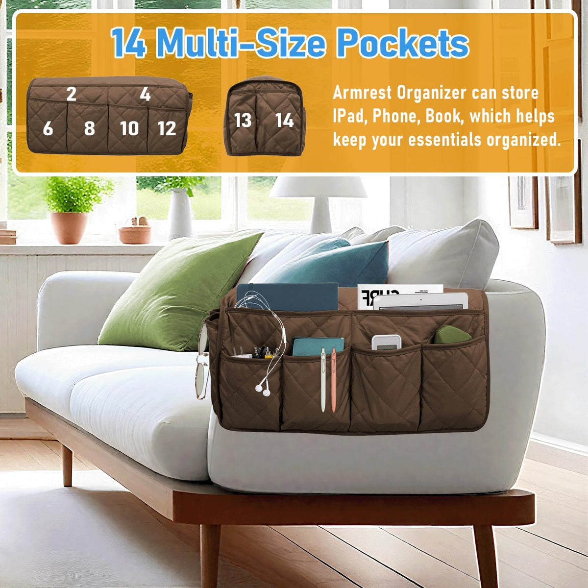 Armchair Caddy for Recliner, Non-Slip Recliner Pocket Organizer, Remote Holder for Recliners, Sofa Armrest Organizer, Couch Caddy with 14 Pockets Storage for TV Remote, Phone, Magazine (Brown)