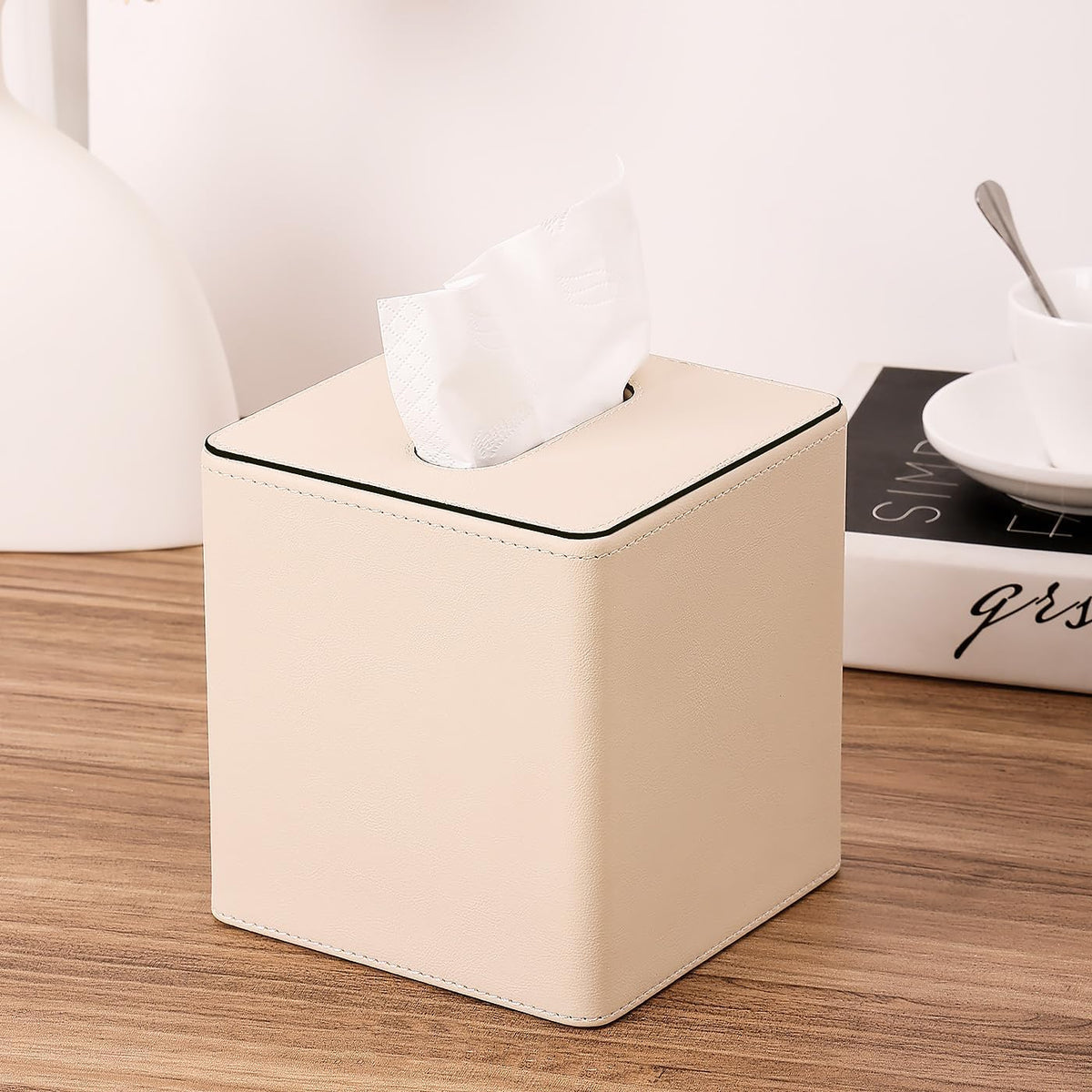 KINGFOM Leather Tissue Box Cover – Square Modern PU Leather Tissue Holder, Cube Tissue Dispenser for Home, Office, Bedroom, Bathroom – Elegant Minimalist Style (Beige-Square)