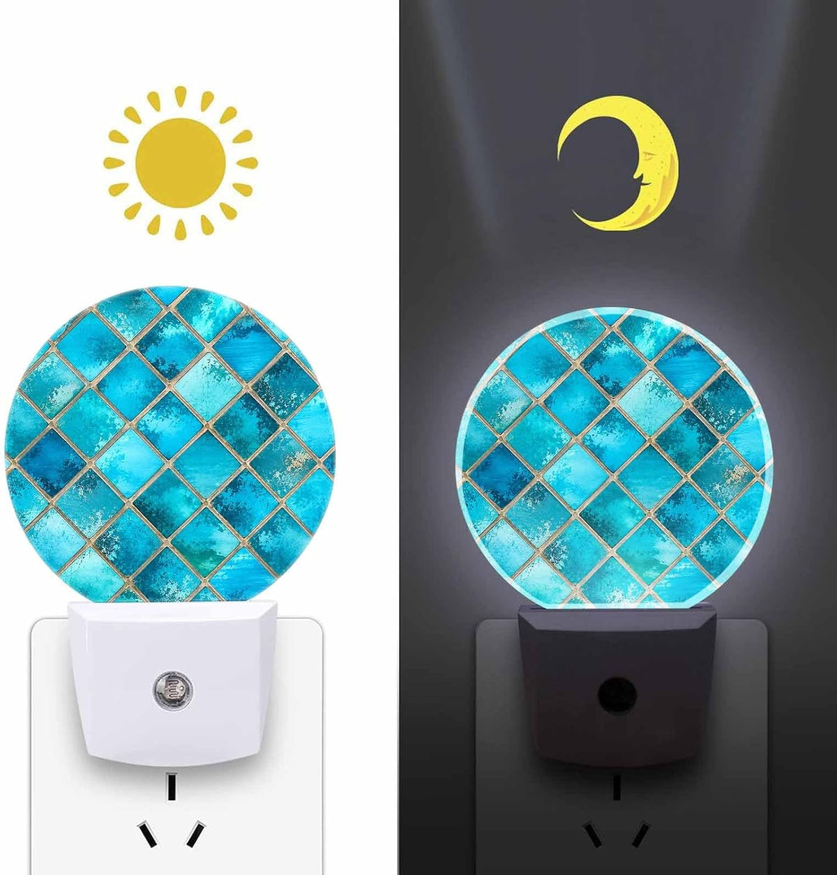 Round LED Night Light,Square Bright Glass Mosaic LED Night Light Plug into Wall with Dusk to Dawn Light Sensor White Energy Efficient Nightlight for Bedroom Hallway Living Room Kitchen