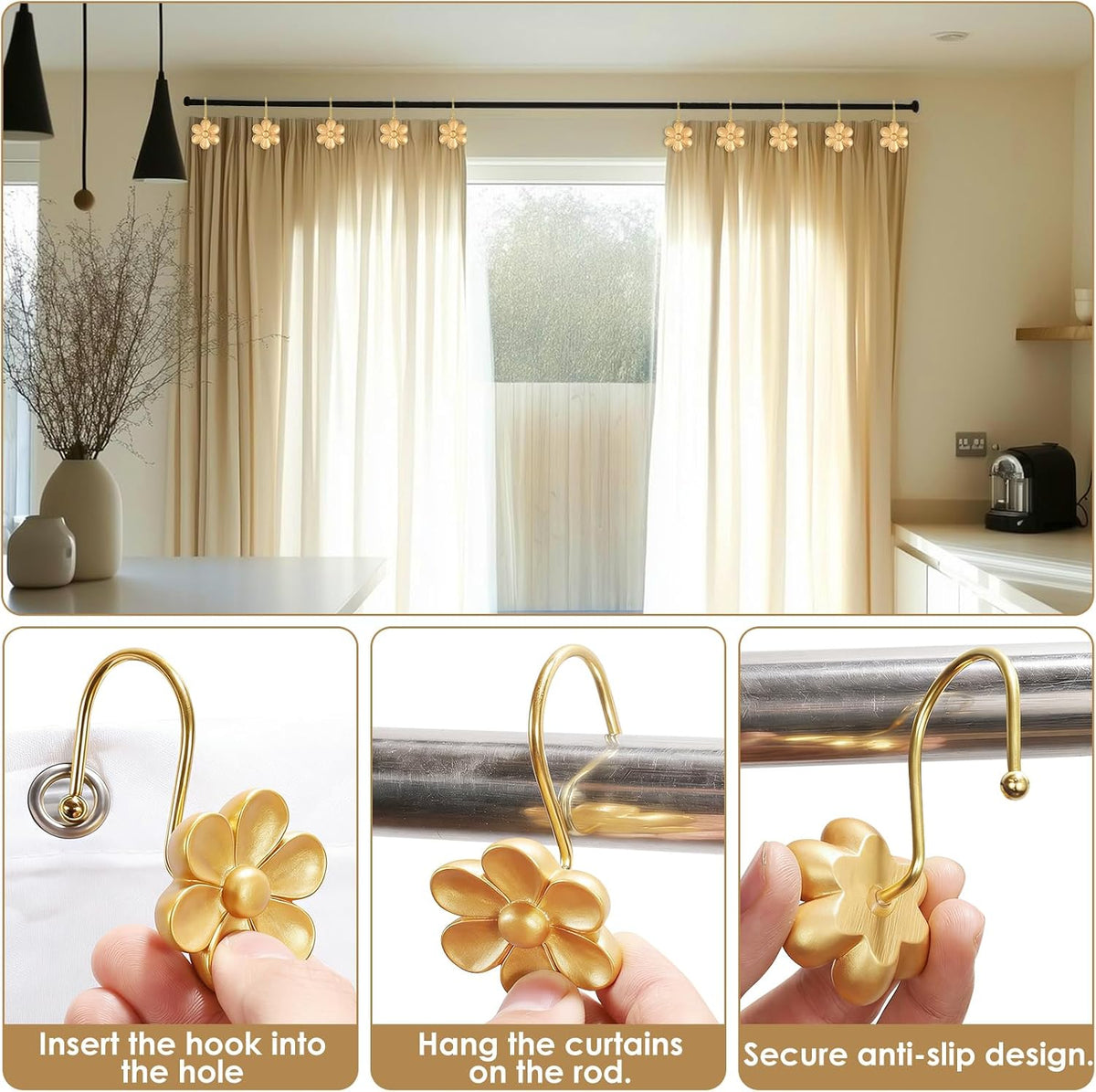 3D Floral Shower Curtain Hooks, 12 Pcs Rust Proof Resin Metal Hooks Shower Curtain Rod Rings, Ideal for Bathroom, Bedroom, Living Room Fun Home Decor (Gold)