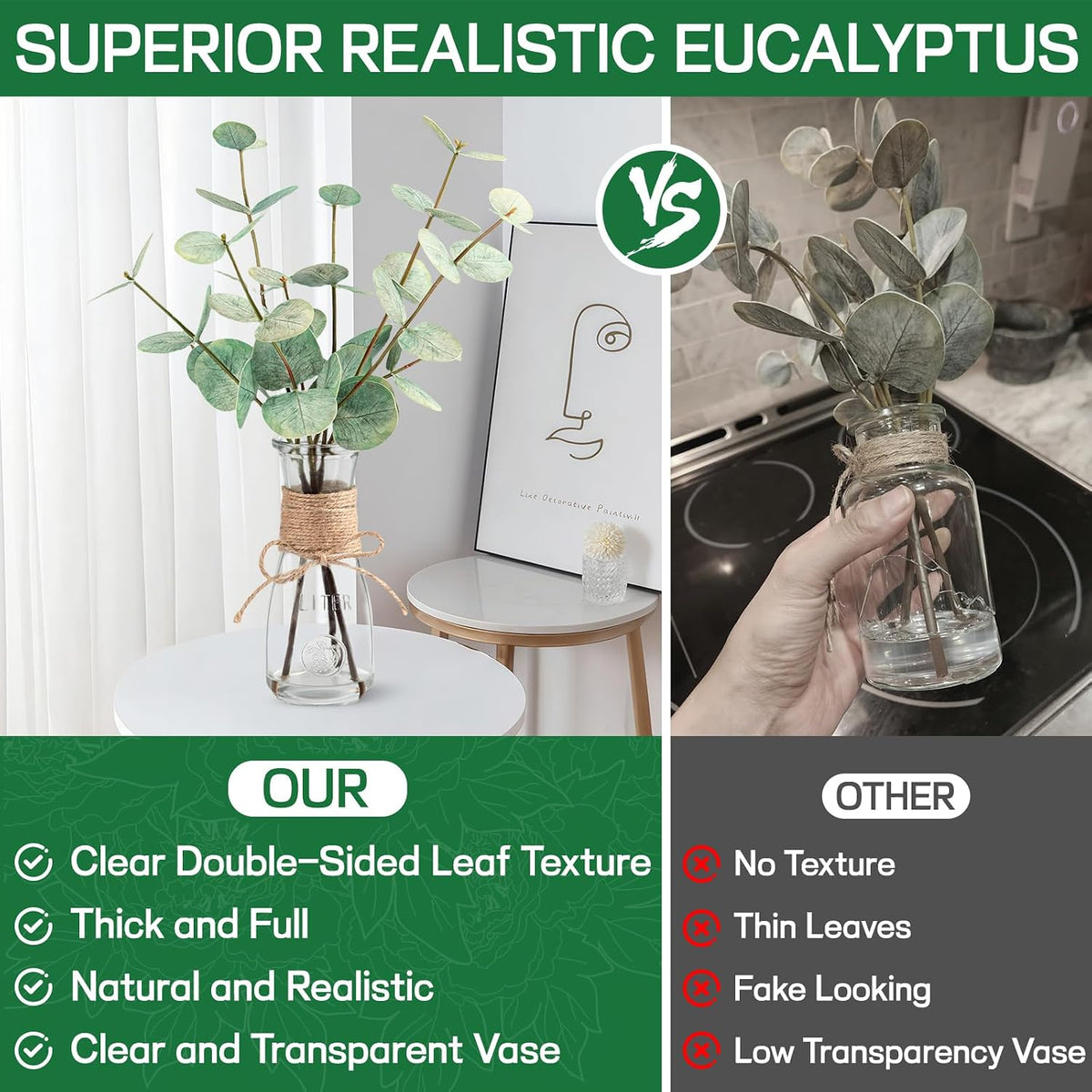Artificial Eucalyptus Stems in Glass Vase with Faux Water, 15" Realistic Fake Plants for Bathroom Counter Decor, Small Faux Greenery for Coffee Table Centerpieces, Office Desk and Shelf Decor