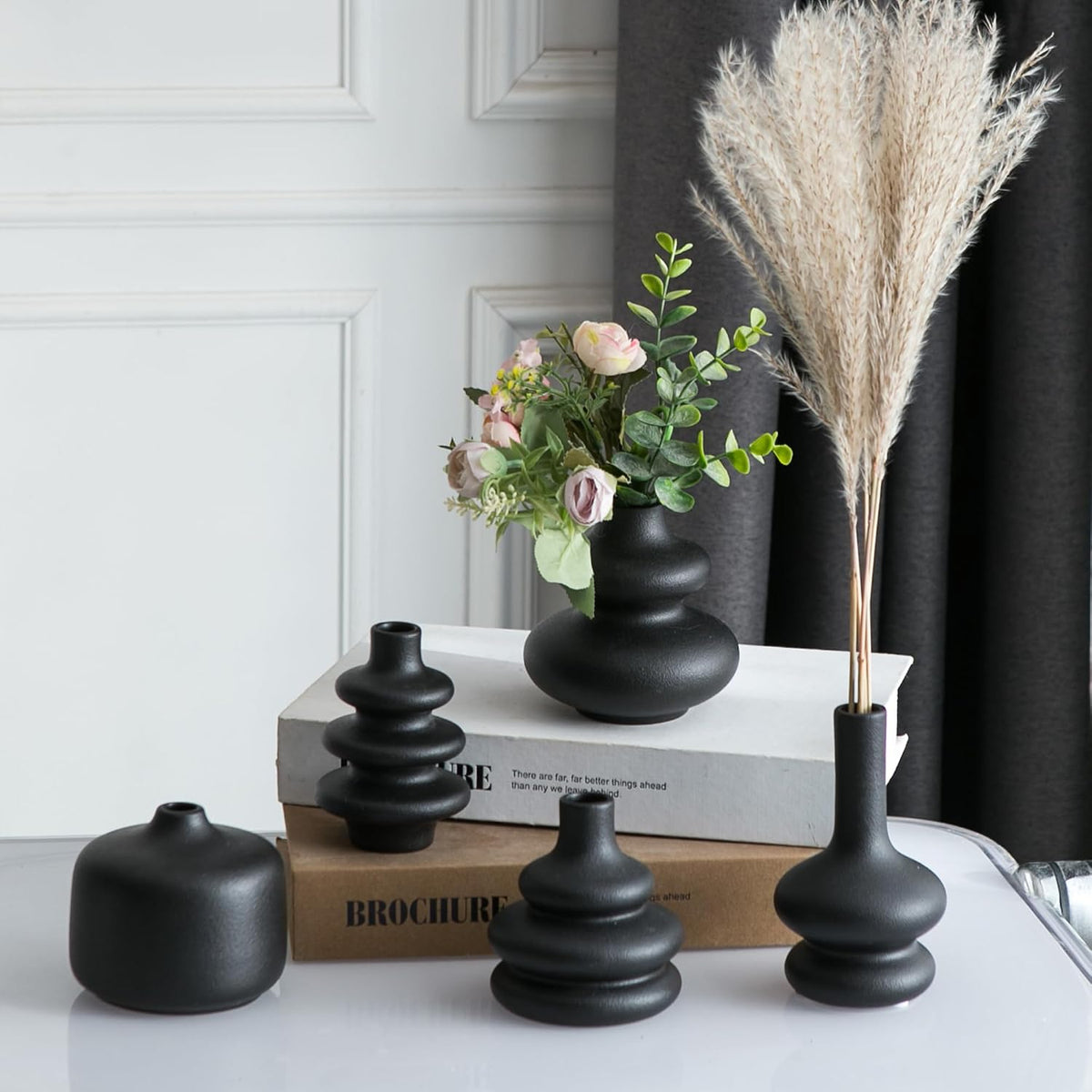 JOJUNO Black Bud Vases, Small Ceramic Vase Set of 5 Modern Home Decor
