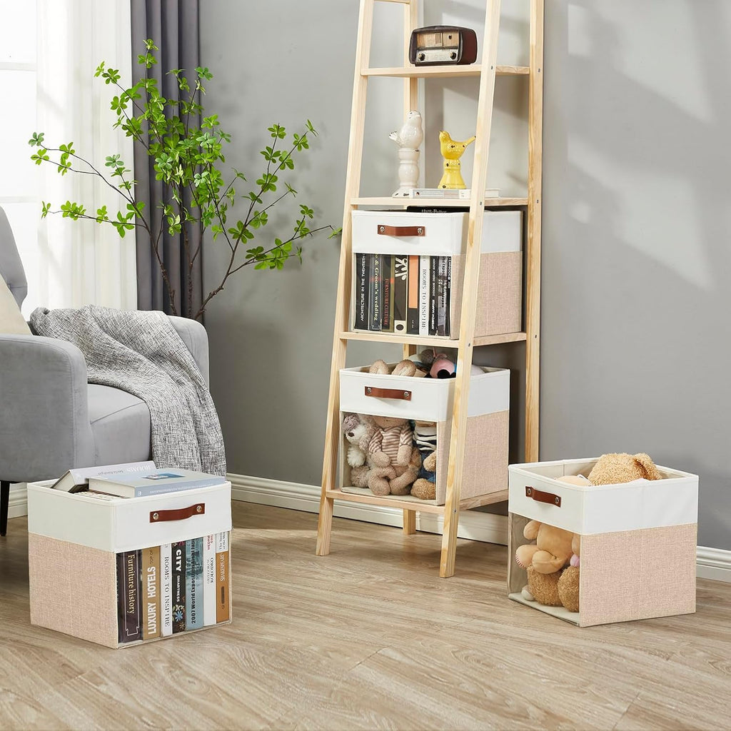 Bagnizer Storage Cubes, 4 Pack Linen Foldable Storage Bins with Clear Window and 2 Handles, 13x15x13 Storage Cube Bins for Shelf Closet, Kallax, Clothes, Books - (Beige / Off-White)