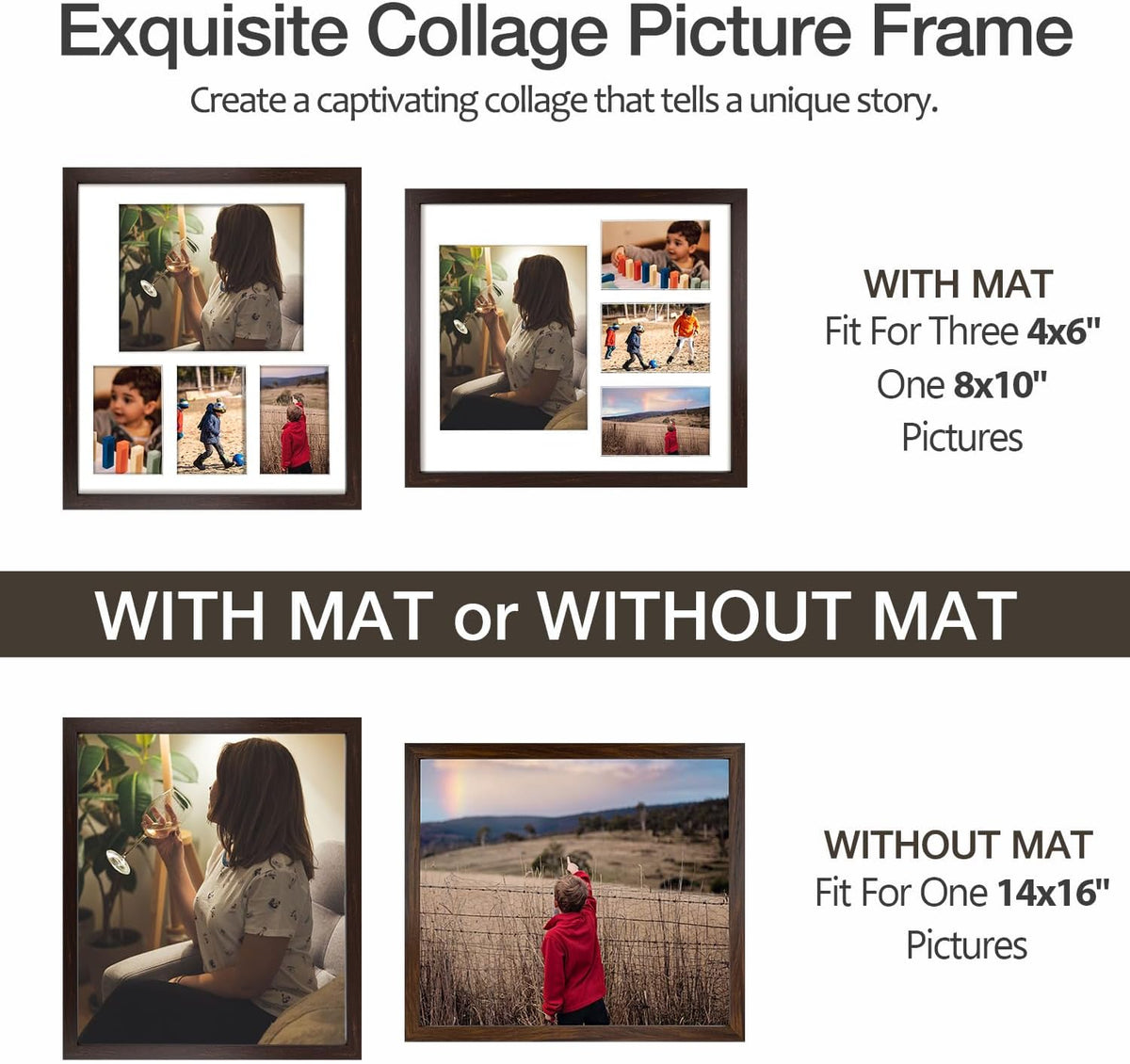 Golden State Art 14x16 Dark Brown Wood Picture Frame for 8x10 and 4x6 Photo