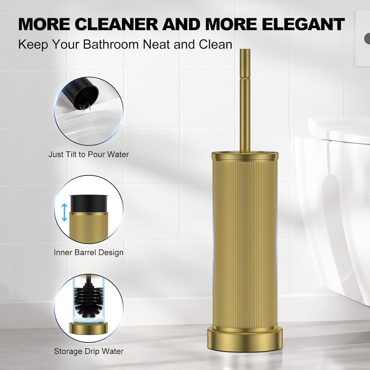 Metal Vertical Grain Toilet Bowl Brush and Holder Set Scrubber Warm Gold