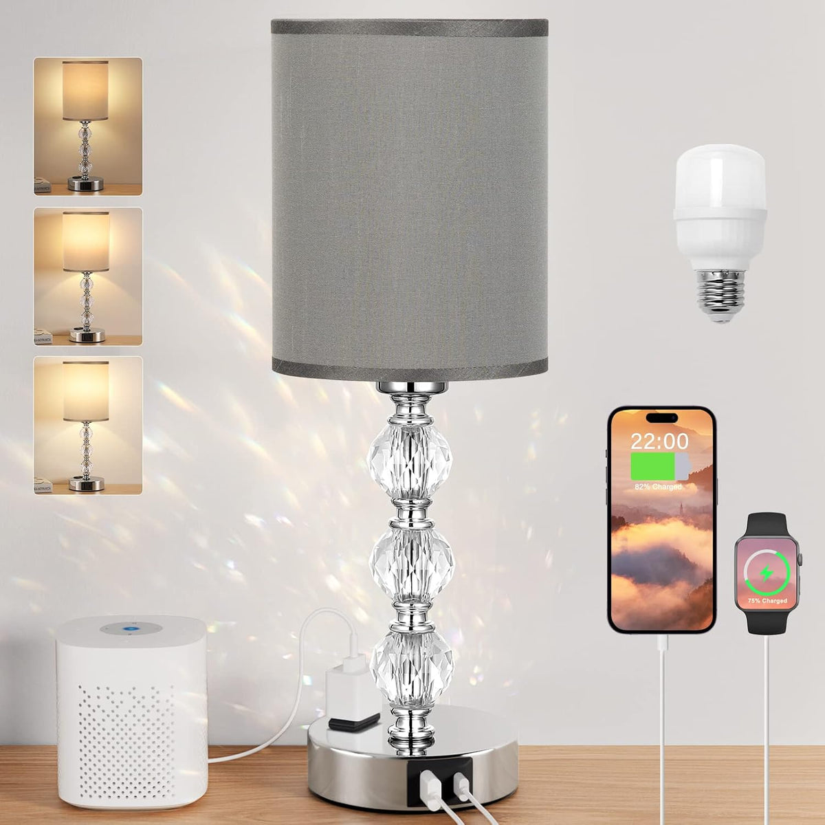 Grey Touch Bedside Lamps for Bedrooms - Crystal Table Lamp with USB C+A Charging Port and AC Outlet Nightstand, 3 Way Dimmable Silver Small End Side Table Lamp for Living/Guest/Dinning Room/Kitchen