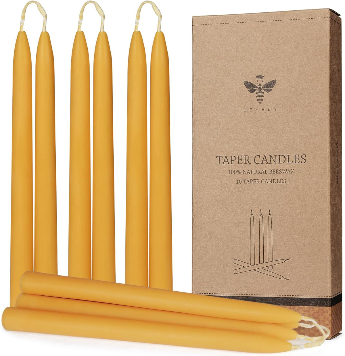 DEYBBY Beeswax Taper Candles, 10 Inch, Unscented, Natural, 12 Pack