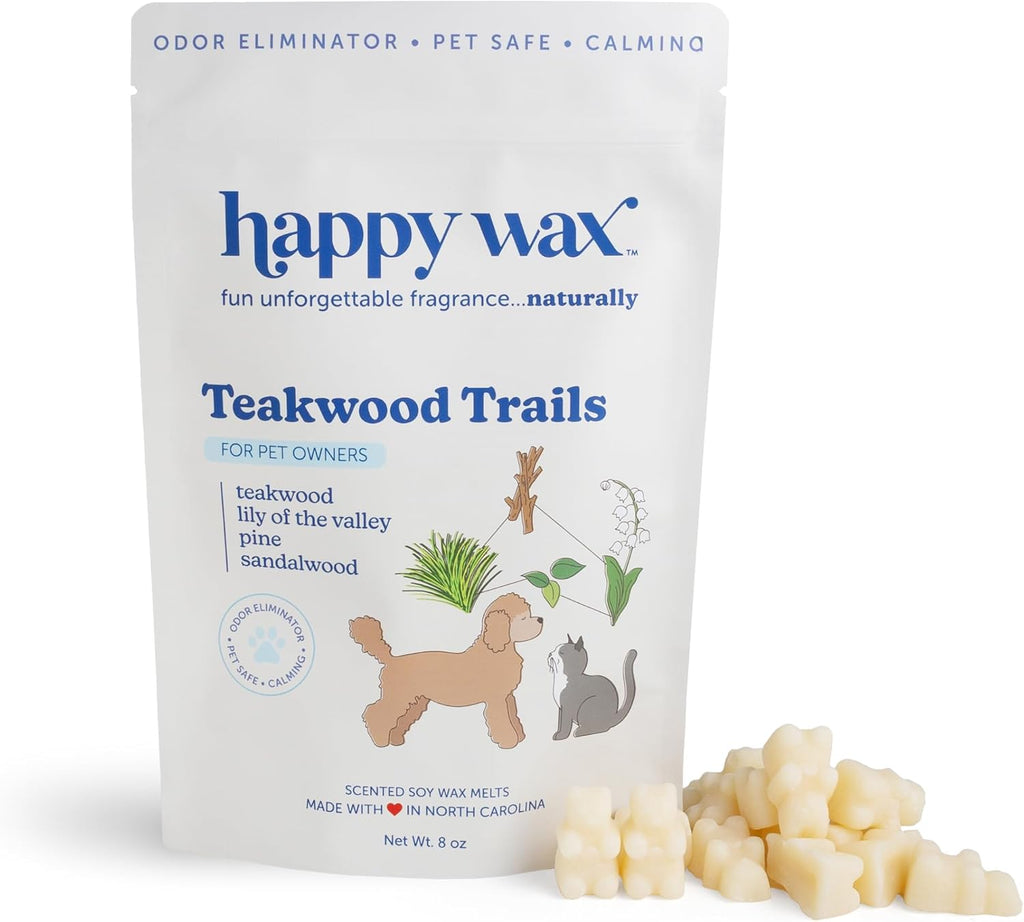 Happy Wax Teakwood Trails Wax Melts for Pet Owners – Odor Eliminating, Calming, Pet-Safe, Non-Toxic, Dye-Free, Perfect for Use with Wax Warmers - 8oz Pouch