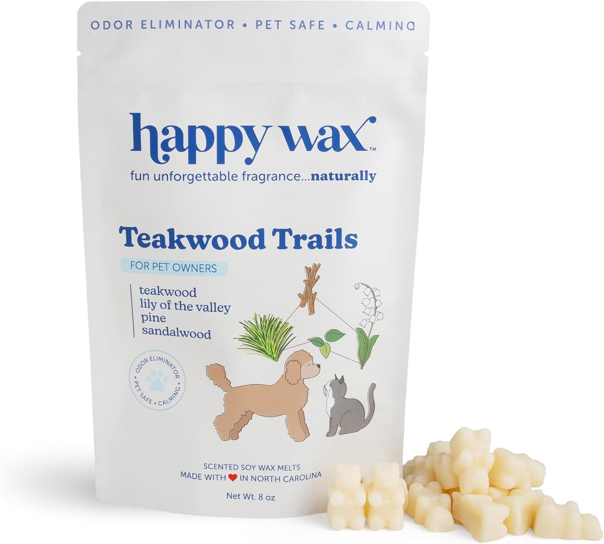 Happy Wax Teakwood Trails Wax Melts for Pet Owners – Odor Eliminating, Calming, Pet-Safe, Non-Toxic, Dye-Free, Perfect for Use with Wax Warmers - 8oz Pouch