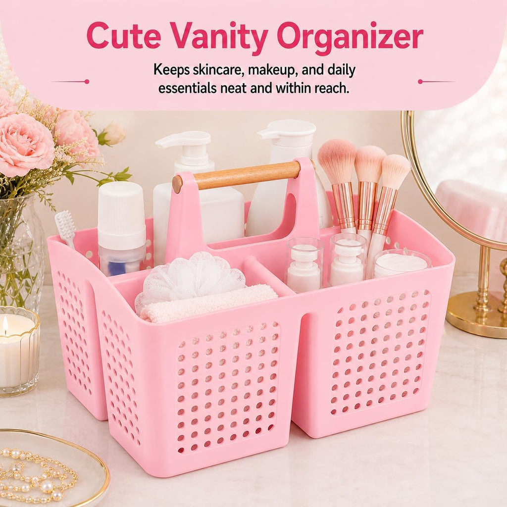 Portable Shower Caddy Basket with 3 Compartments and Handle, Caddy Pink