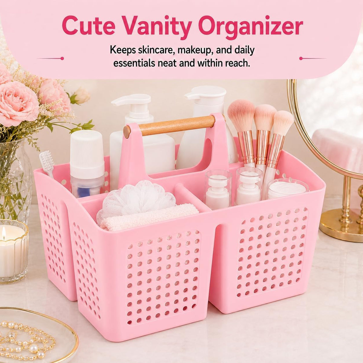 Portable Shower Caddy Basket with 3 Compartments and Handle, Caddy Pink
