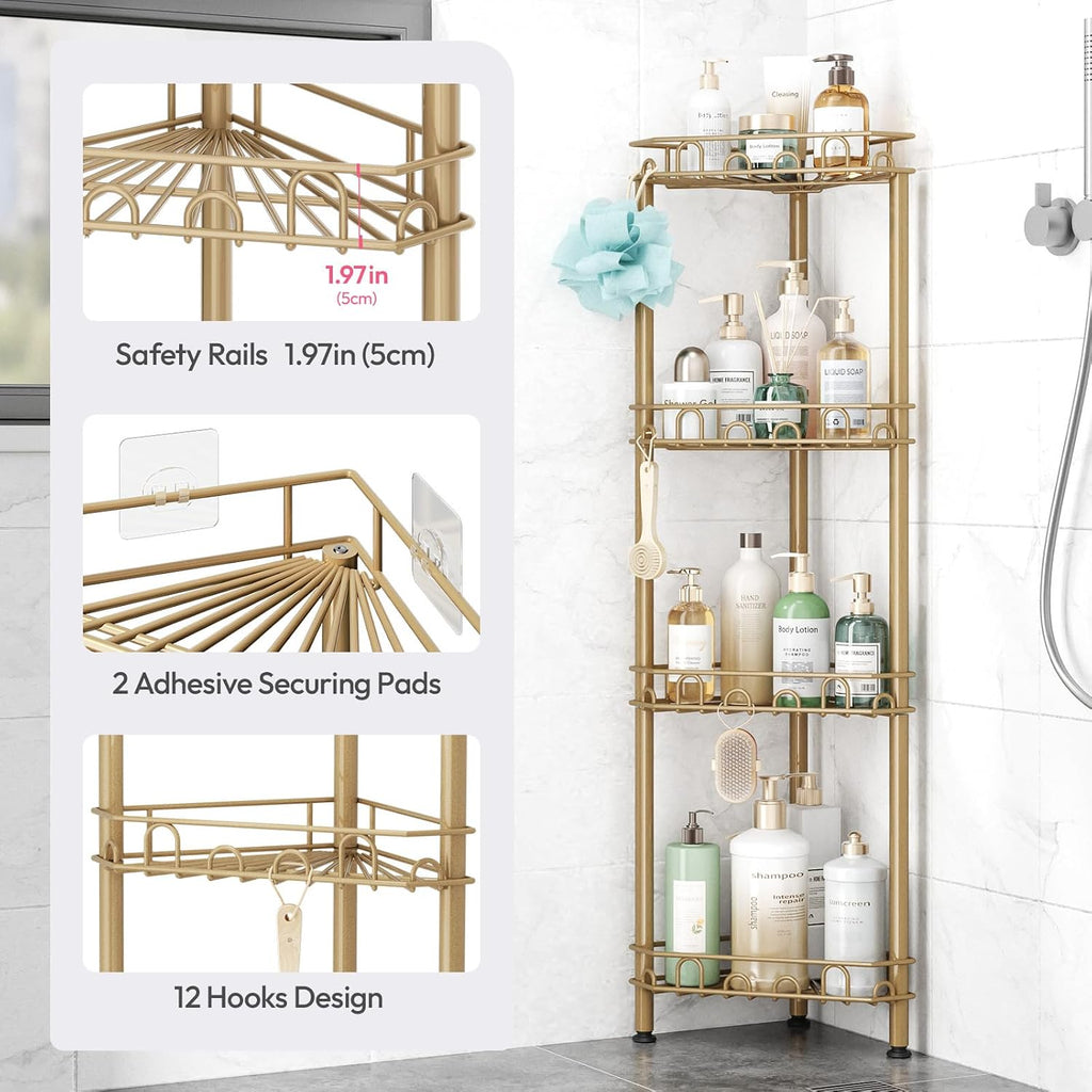 SWTYMIKI Standing Shower Caddy Corner - 4‑Tier Stainless Steel Shower Organizer Shelf with 12 Hooks and Adhesive Pads, Rustproof Corner Shelves Stand Rack for Bathroom Shower Room, Gold