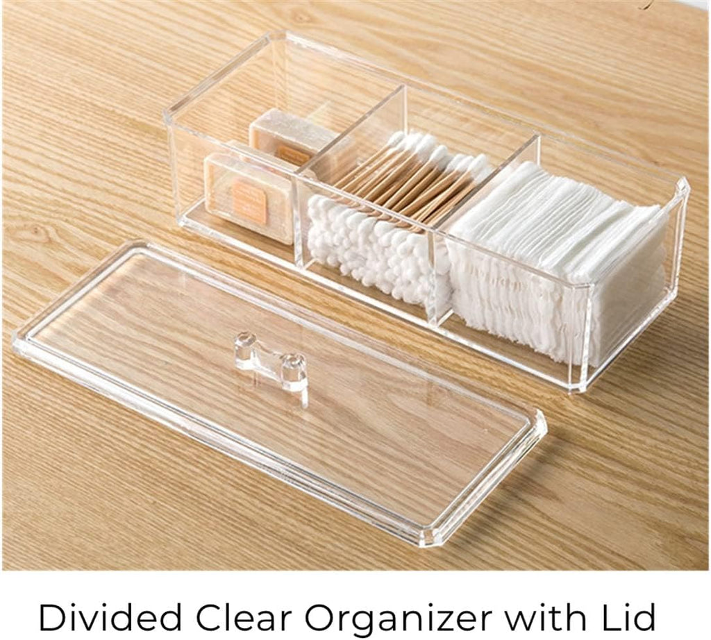 UTTH-DTTK Clear Cotton Ball and Swab Holder 3 Divided Compartments with Lid, , Waterproof Bathroom Organizers Small Plastic Storage Containers, Vanity Makeup Organization (A)