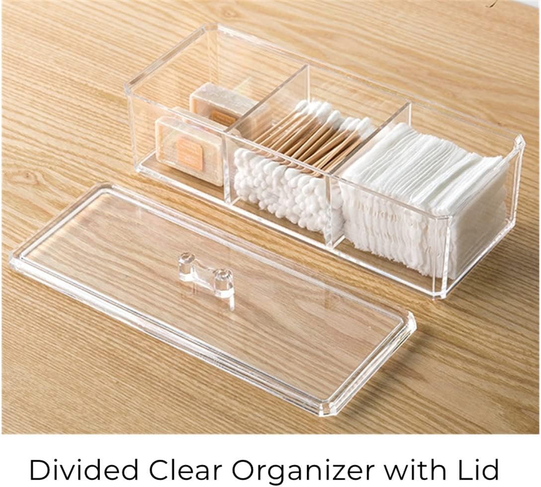 UTTH-DTTK Clear Cotton Ball and Swab Holder 3 Divided Compartments with Lid, , Waterproof Bathroom Organizers Small Plastic Storage Containers, Vanity Makeup Organization (A)