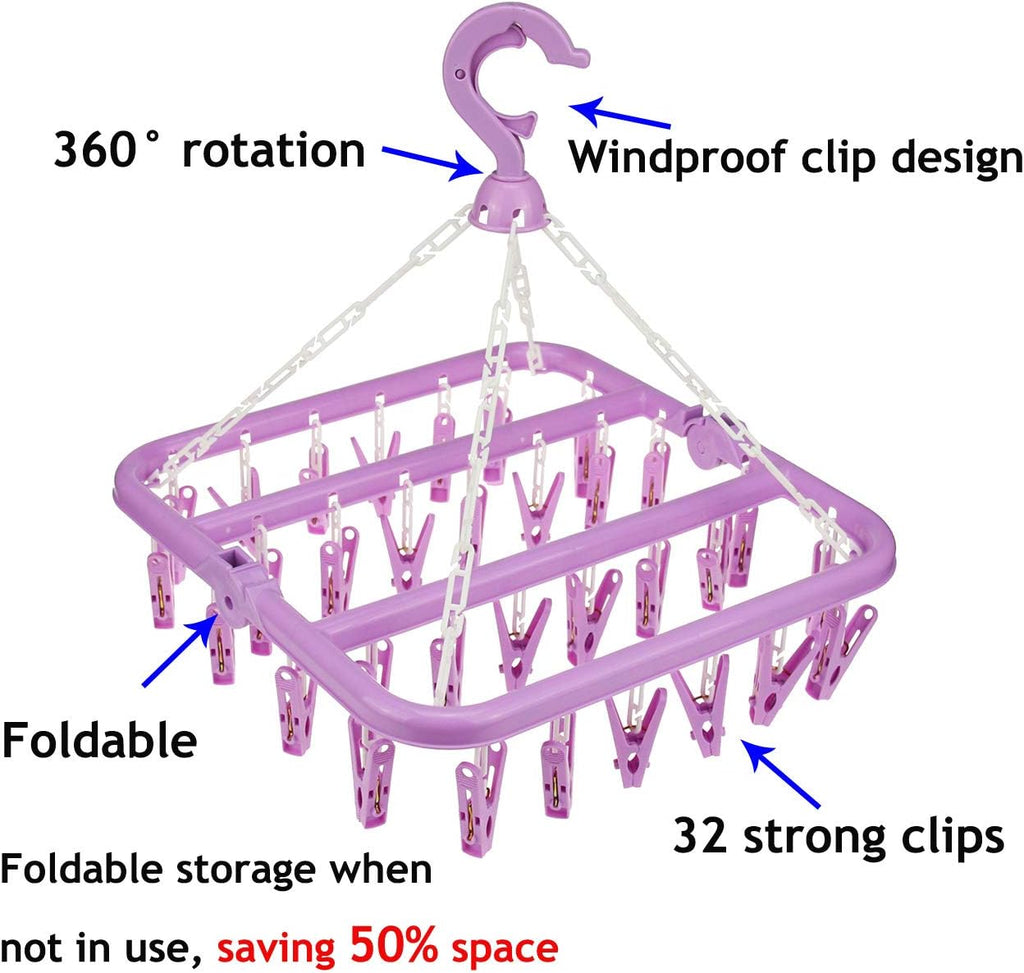 Laundry Hangers with 32 Clips,Clothespin Rack Foldable Laundry Drying Rack Drip Hanger for Drying Socks,Bras,Towel,Underwear,Hat,Scarf,Pants,Baby Clothes,Cloth Diapers,Gloves (Purple)