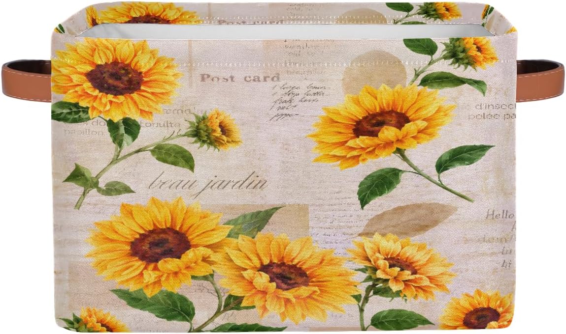 Storage Basket Flower Floral Sunflower, Large Foldable Organizer Storage Bins for Shelves, Sturdy Canvas Cubes Storage Boxes with Handles for Toys Closet Nursery Office Living Room 15" x 11" x 9.5"