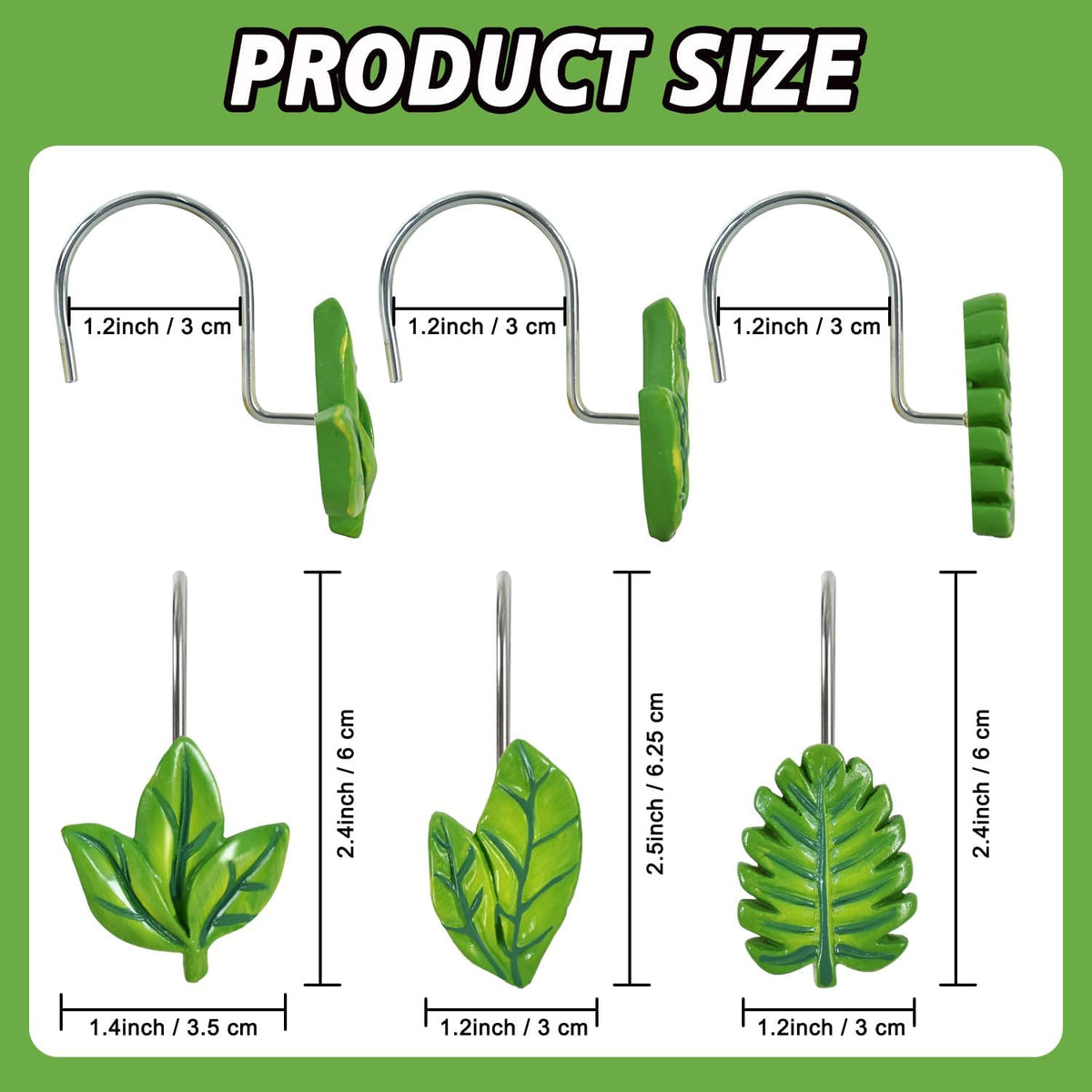 12-Piece Green Leaves Leaf Shower Curtain Hooks for Bathroom