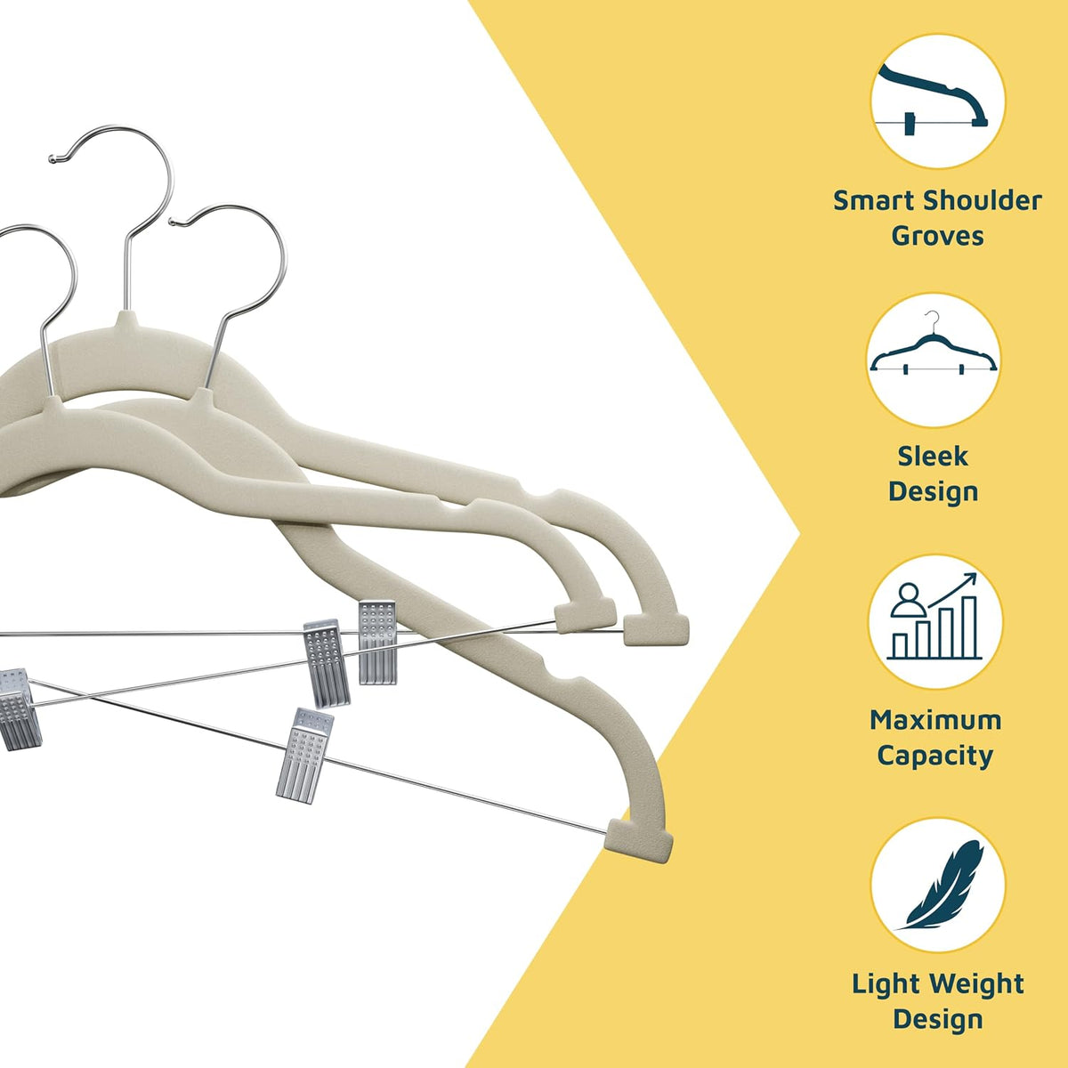 Lifemaster Velvet Skirt Hangers – with Adjustable Clips, 360 Degree Swivel Hook, and Non-Slip Shoulder Notch, Holds Up to 10 lbs, for Organizing Skirt, Pants, Dress, and Clothes, Pack of 50, Ivory