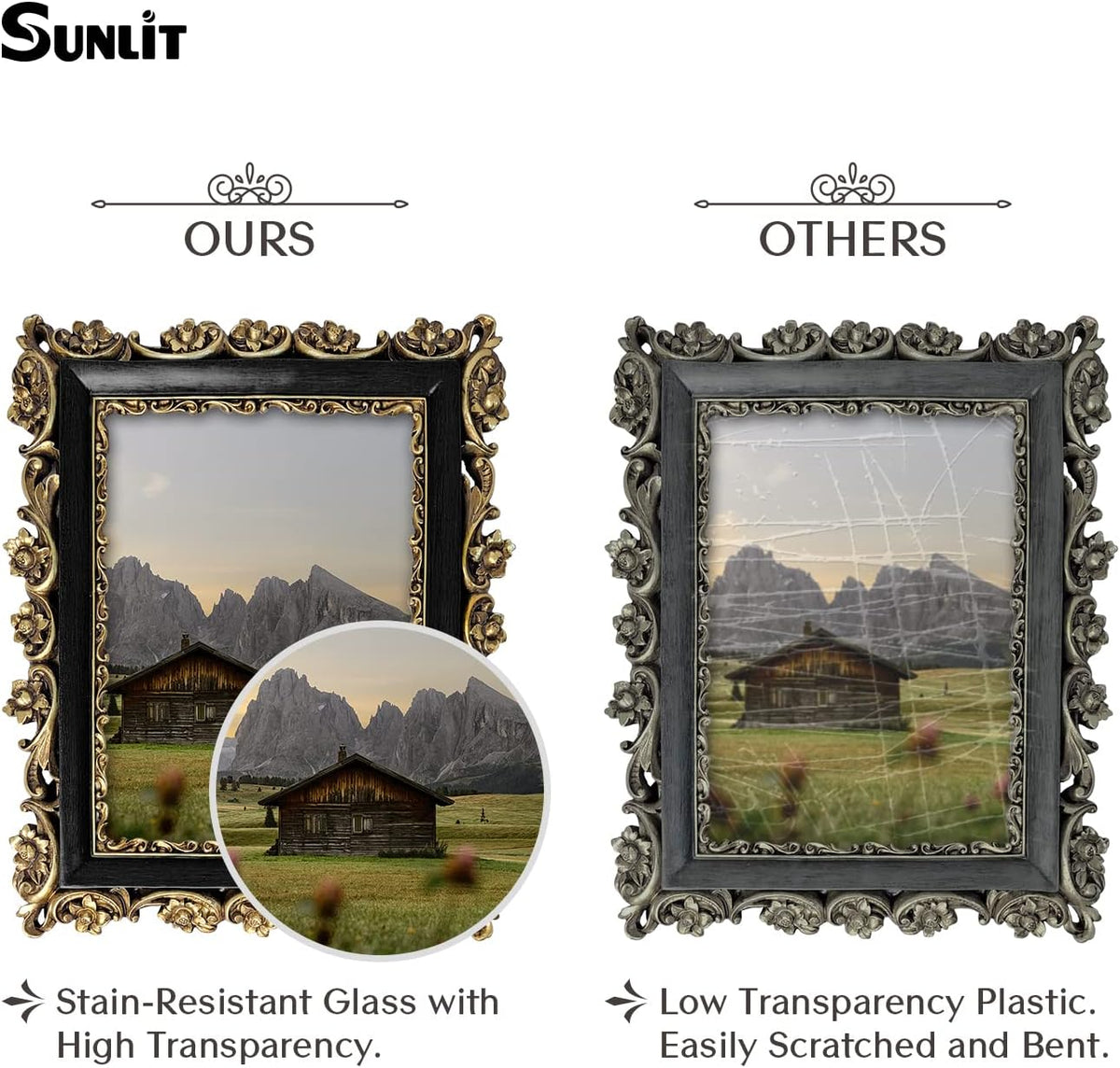 Sunlit Vintage Picture Frame 5x7 Inch, Luxury Antique Photo Frames with Glass Front, Photo Display, Tabletop Wall Hanging, Gift Ideas, Gold and Black