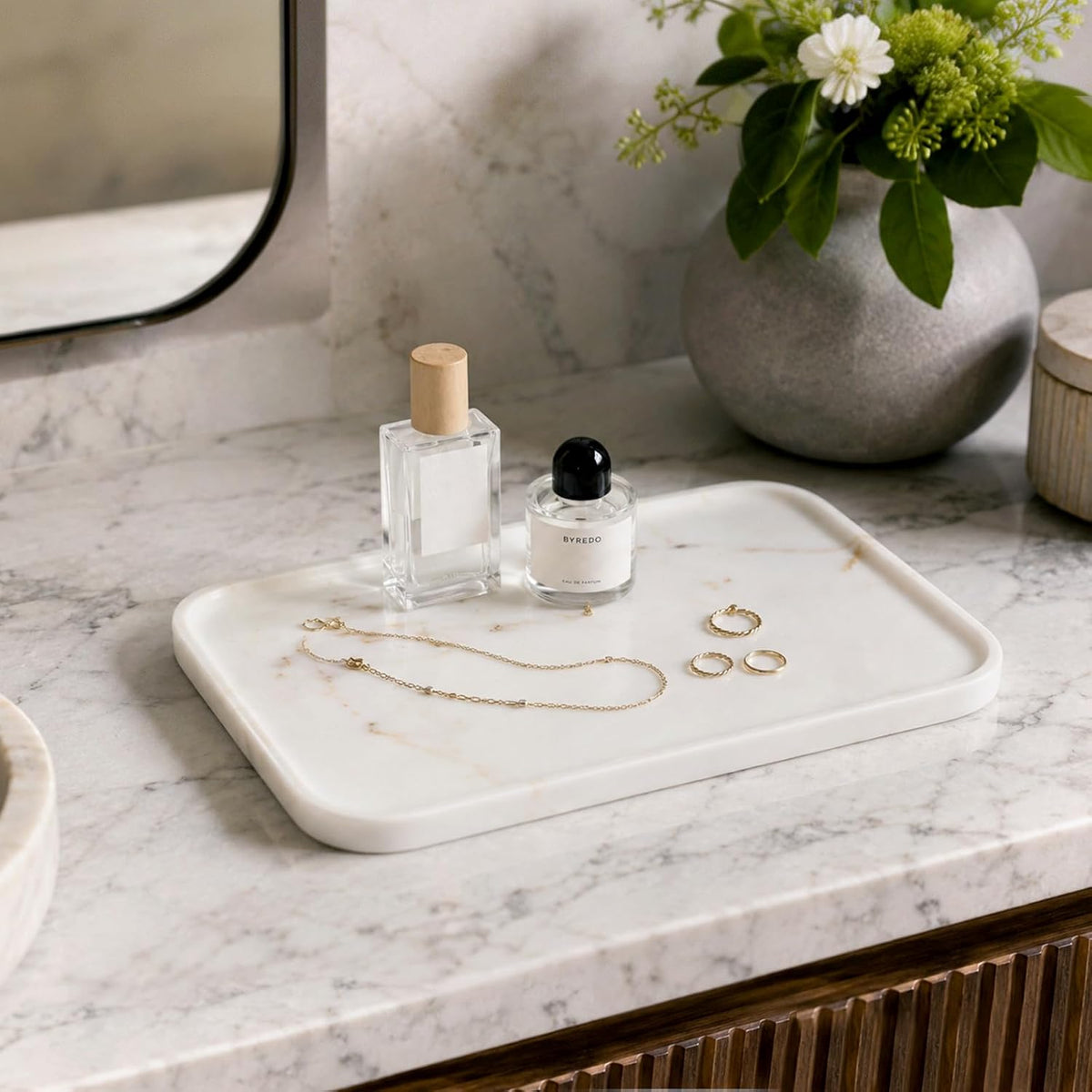 Karibiber Calacatta Vanity Tray, 14 in Marble Stone Bathroom Tray for Countertop, Golden Marble Decorative Perfume Tray for Dresser, Large Nightstand Tray, Storage Tray for Coffee Table