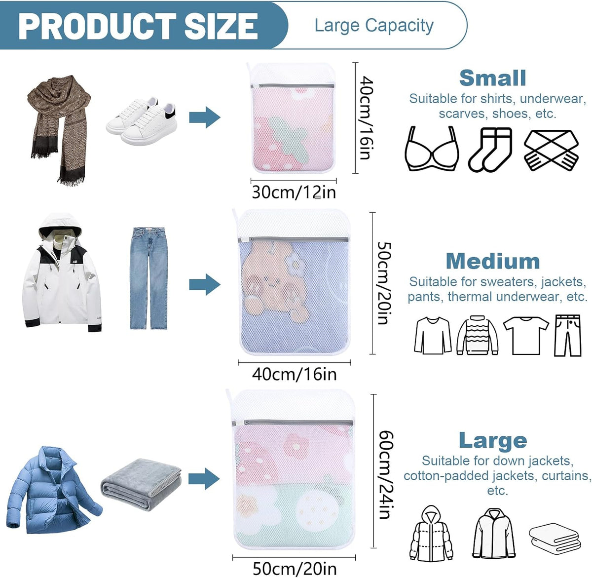 3-Pack Durable Honeycomb Mesh Laundry Bags for Delicates, M + L + XL