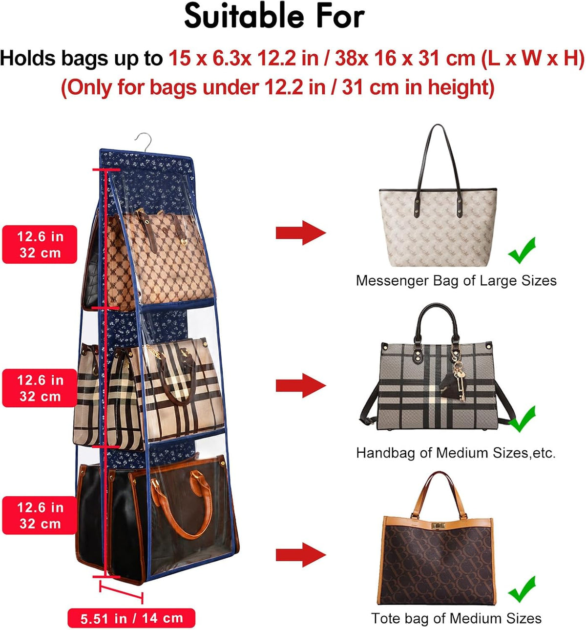 Lirex Medium and Large Handbag Hanging Purse Storage Organizer, Oxford Cloth Closet for Bedroom, Foldable and Universal Fit, Blue White Floral