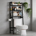 Over The Toilet Storage, Wooden 3-Tier Over-The-Toilet Rack Bathroom Space Saver Organizer, Freestanding Above Toilet with Toilet Paper Holder and Hooks（Black）
