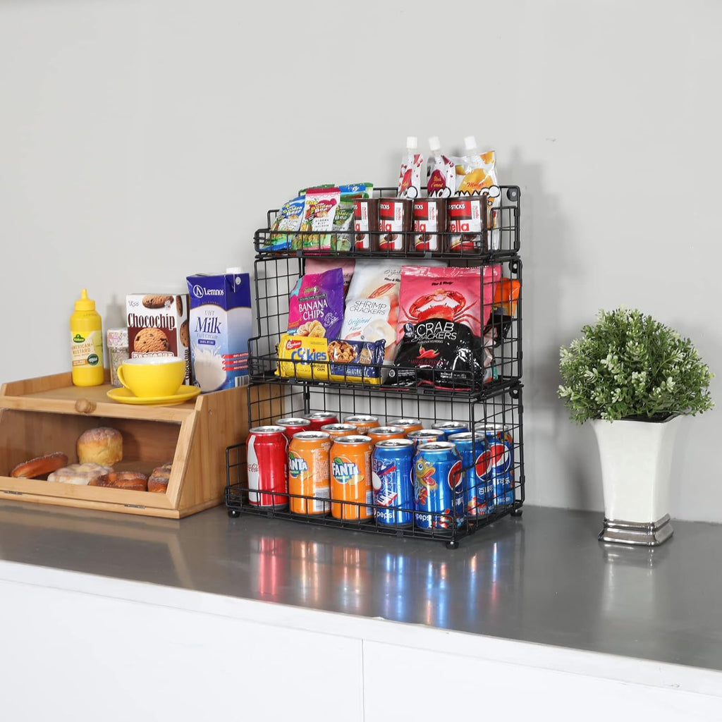 X-cosrack Stackable Wire Basket 3 Tier Countertop& Wall Mounted Metal Storage Basket for Kitchen Pantry Cabinet, Muti-functional Open Front Bin Organizer for Food Fruit Snack, Black
