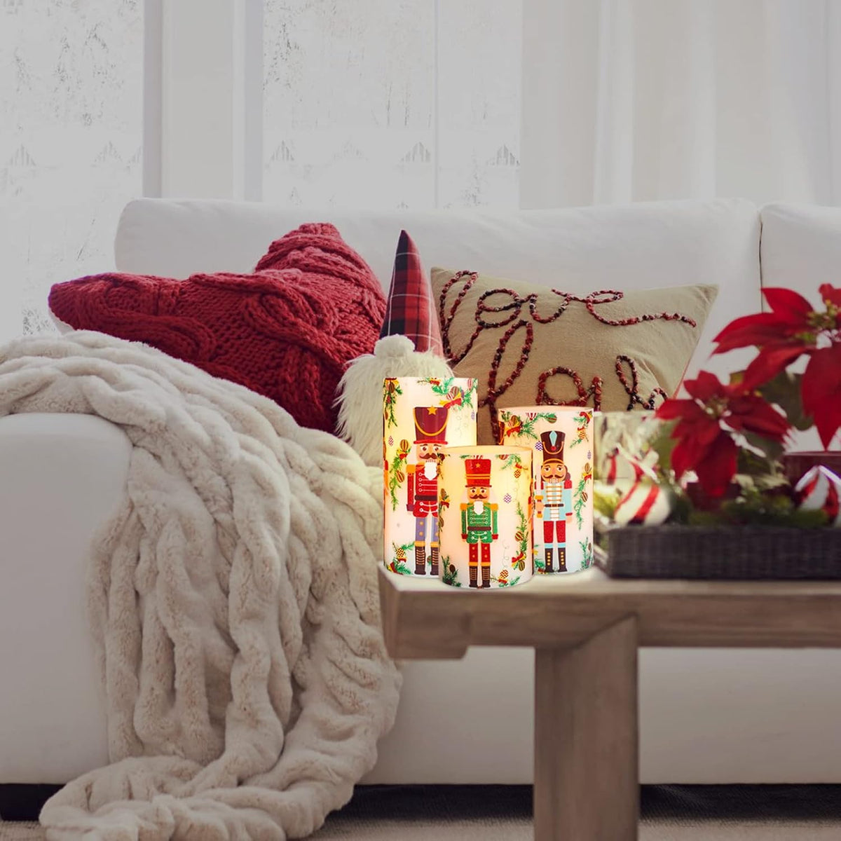 Flameless Christmas Candles Battery Operated, Realistic Flickering Flameless Candles with Timer & Remote, Holiday Led Pillar Candles for Holiday Decorations, Nutcracker