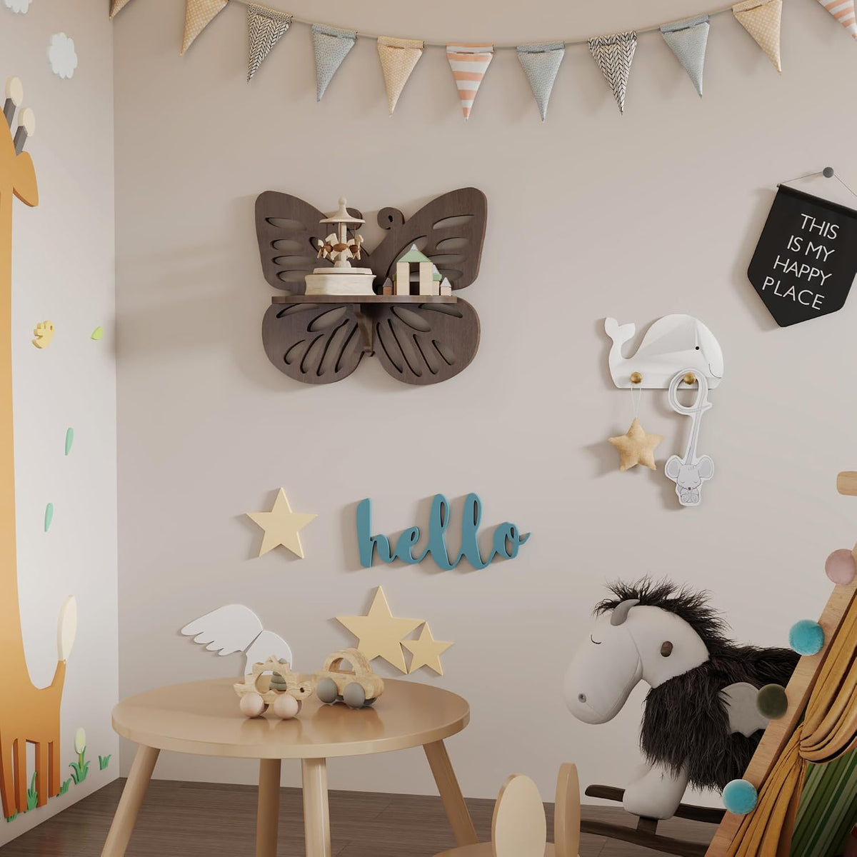 Butterfly Shaped Nursery Wall Deor, Solid Wood Floating Shelves, Small Decorative Shelf Wall Mounted, Cute Display Rack for Kid’s Room, Hanging Wall Shelf for Toys, Plants and Decorations Storage