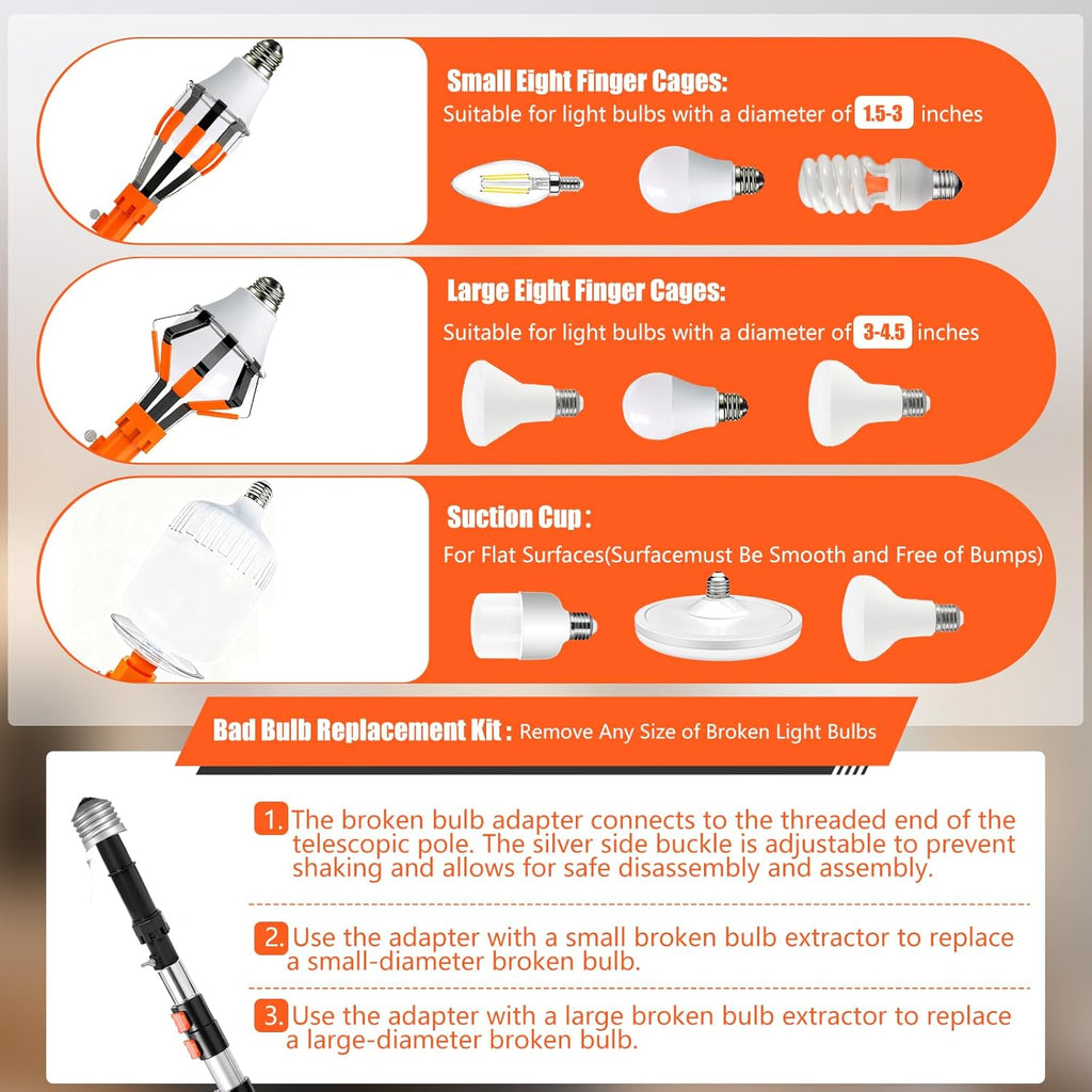 20FT Light Bulb Changer for High Ceilings Kit with Extension Pole Orange
