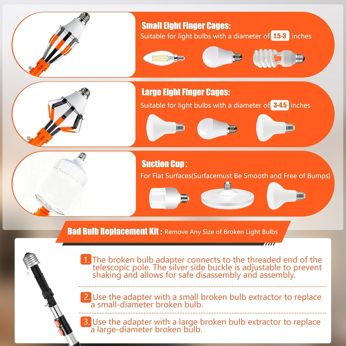 20FT Light Bulb Changer for High Ceilings Kit with Extension Pole Orange