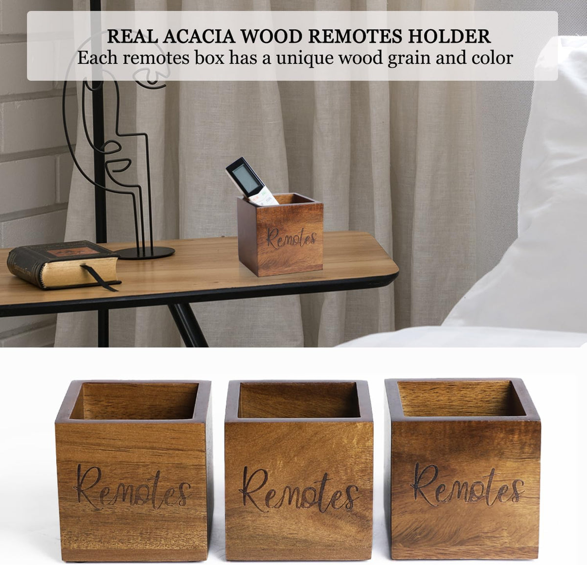 LBEMEY Acacia Wood TV Remote Holder, Caddy and Organizer for Table, Vintage Farmhouse Desk Caddy (Brown for 2 or 3 Remote Controls)