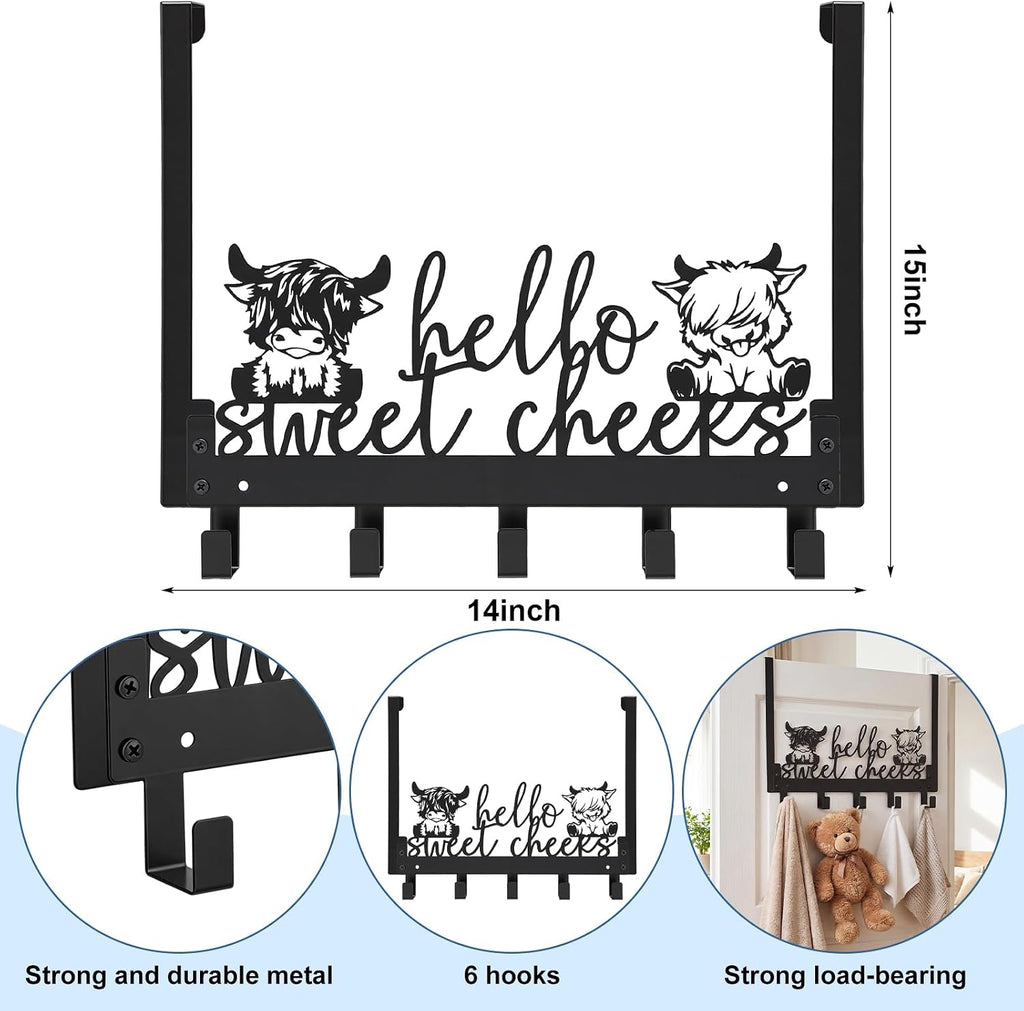 Kathfly Cute Highland Cow Over Door Towel Rack 5 Hooks Black