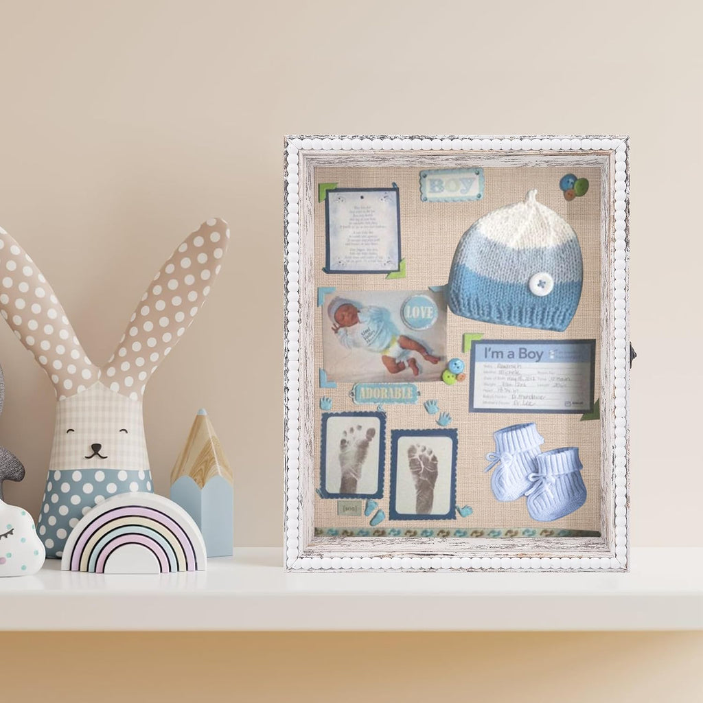 Beaded Shadow Box Frame 11x14, Rustic White Baby Keepsake Display Case