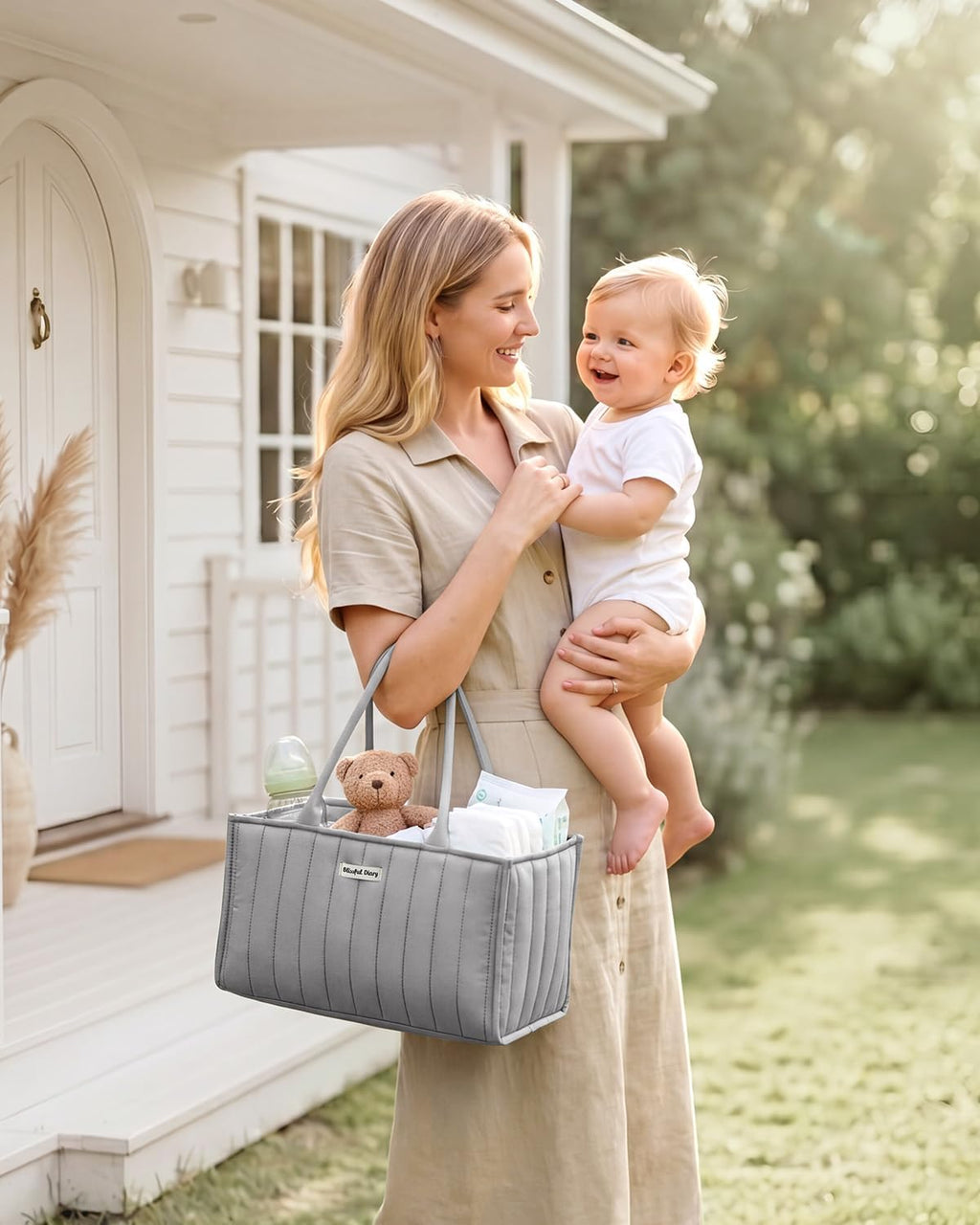 Blissful Diary Baby Diaper Caddy Organizer, Nursery Storage, Light Gray