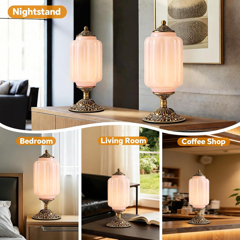 Pink Milk Glass Table Lamp, Touch Control with USB Charging Port Desk Lamp