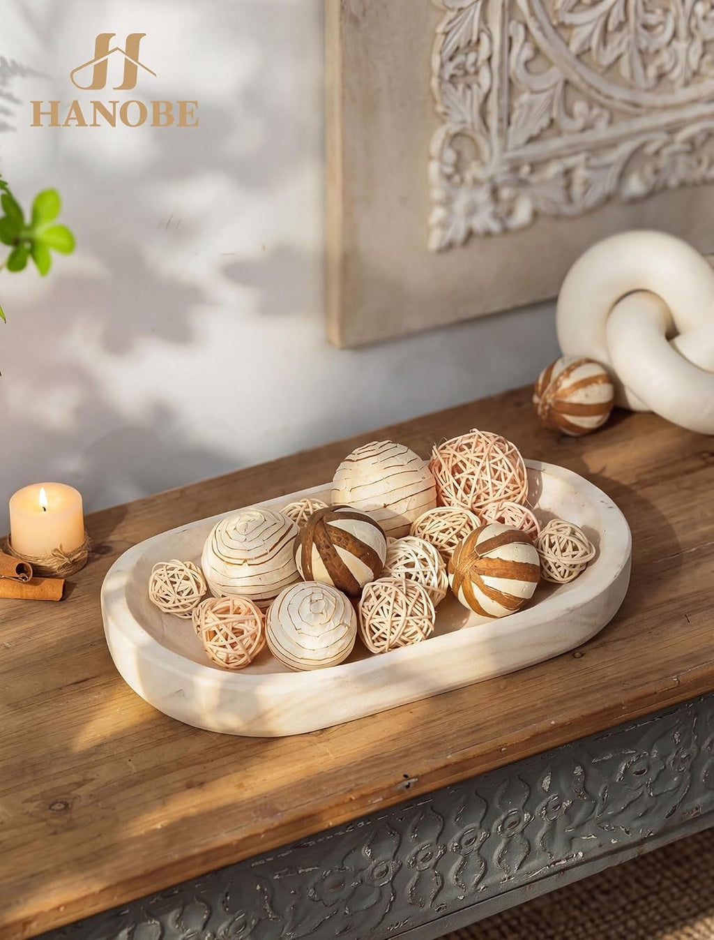 Hanobe Wooden Decorative Key Bowl for Coffee Table Decor, Rustic White