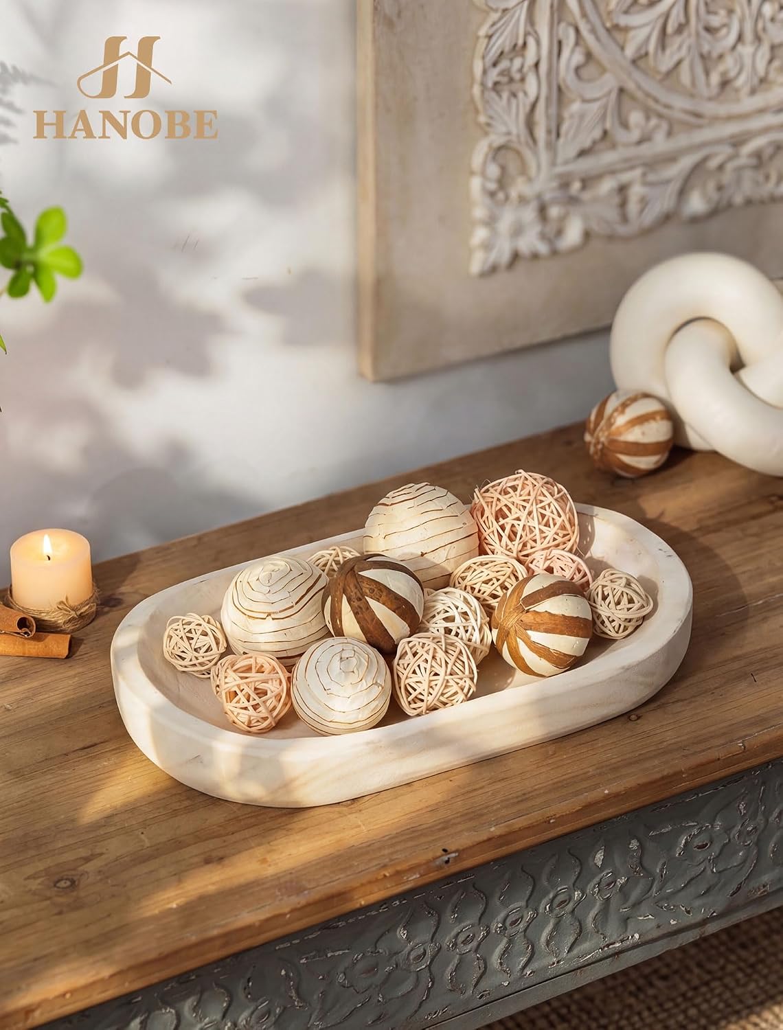 Hanobe Wooden Decorative Key Bowl for Coffee Table Decor, Rustic White