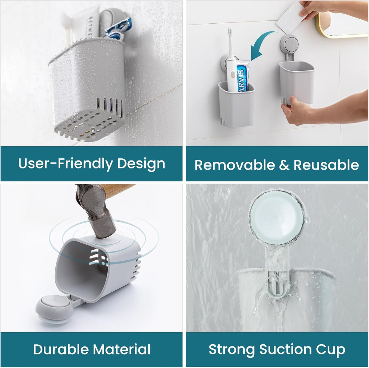 TAILI Suction Cup Toothbrush Holders for Bathroom Wall 2Pack, Gray