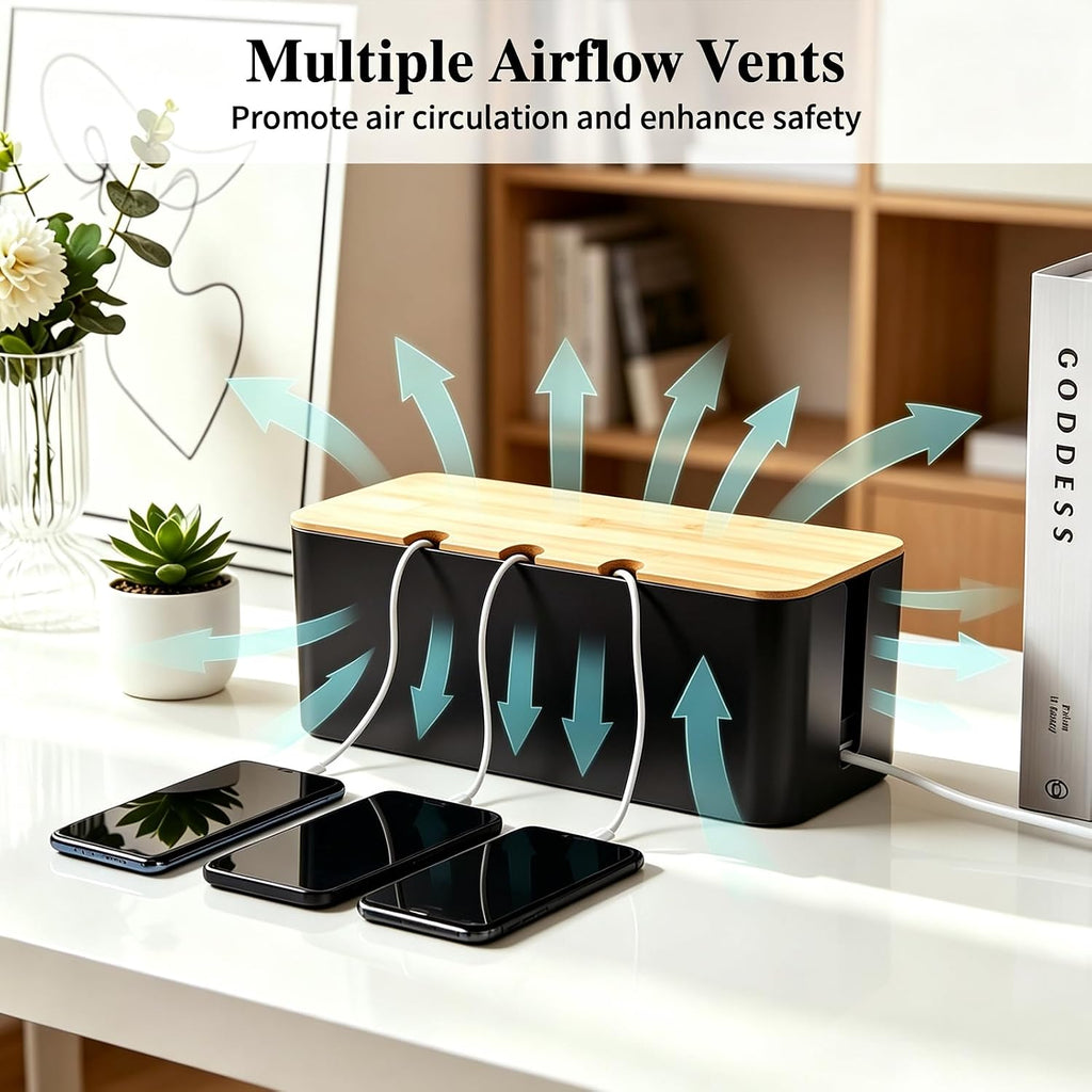 2 Pack Cable Management Box, Wooden Style Cord Organizer Box,Black